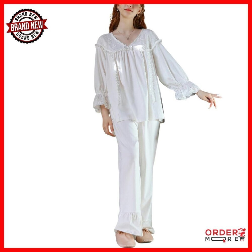 Women's Cotton Pajama Set Long Sleeve Victorian Lace Sleepwear